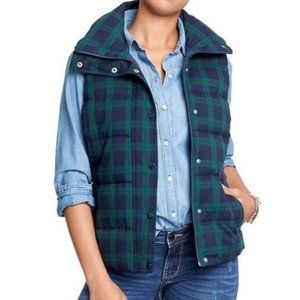 Old Navy Midnight Navy Blue & Green Tartan Plaid Thick Puffer Vest Womens Size X